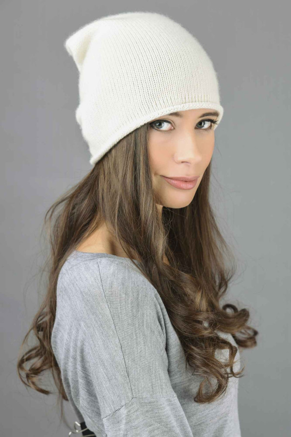 Pure Cashmere Plain Knitted Slouchy Beanie Hat in Cream White