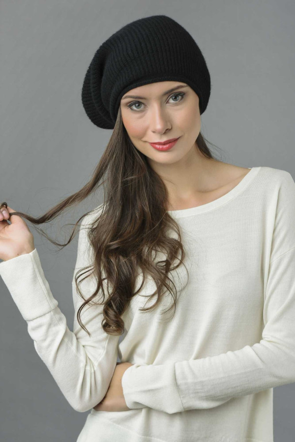 Pure Cashmere Ribbed Knitted Slouchy Beanie Hat in Black 1