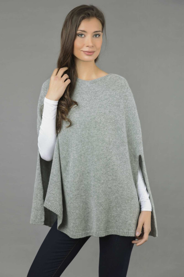 Pure Cashmere Plain Knitted Poncho Cape in Light Grey 1