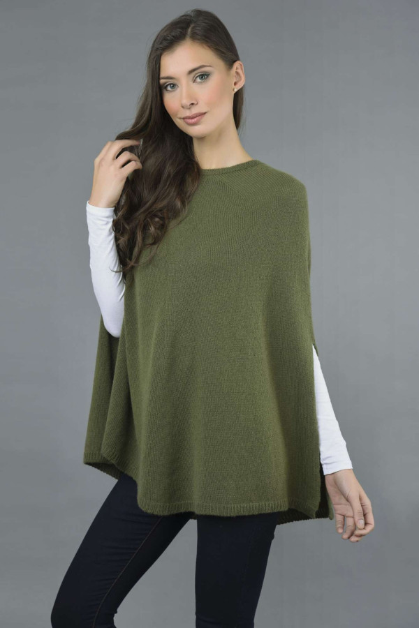 Pure Cashmere Plain Knitted Poncho Cape in Loden Green 2