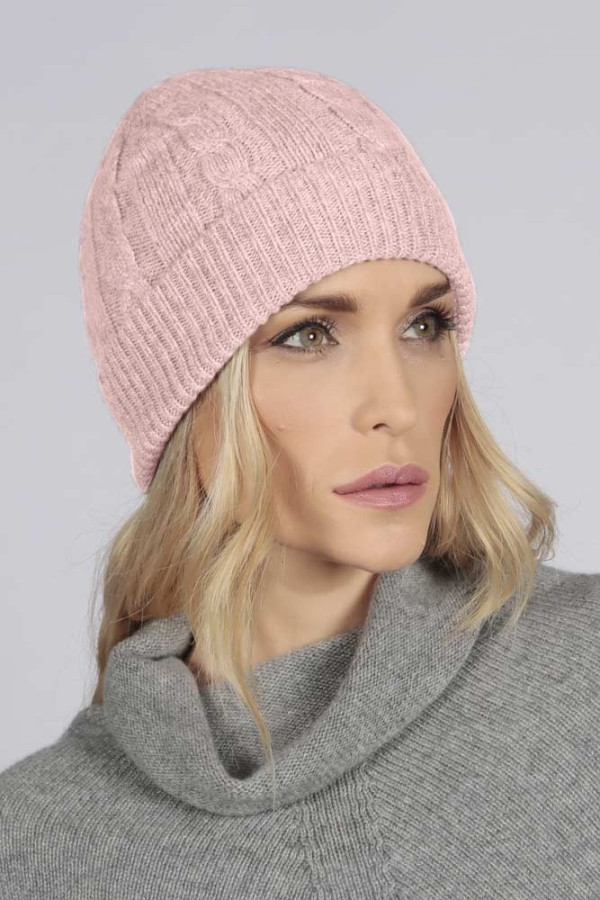 Baby Pink pure cashmere beanie hat cable and rib knit 2