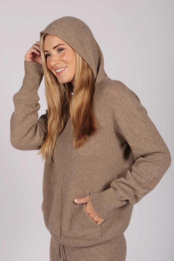 Camel Brown 100% Cashmere Hoodie for Women frontc2