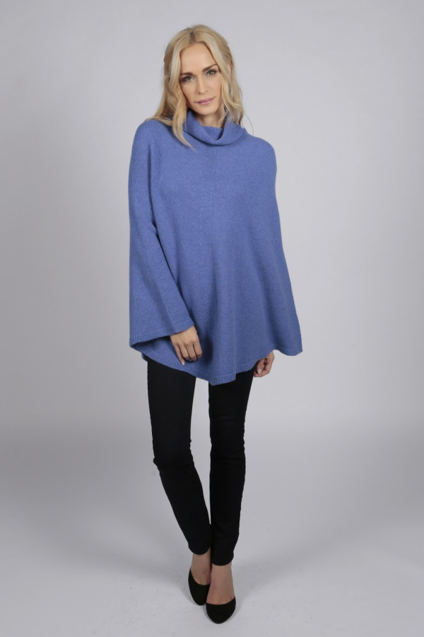 Periwinkle pure cashmere roll neck poncho cape all