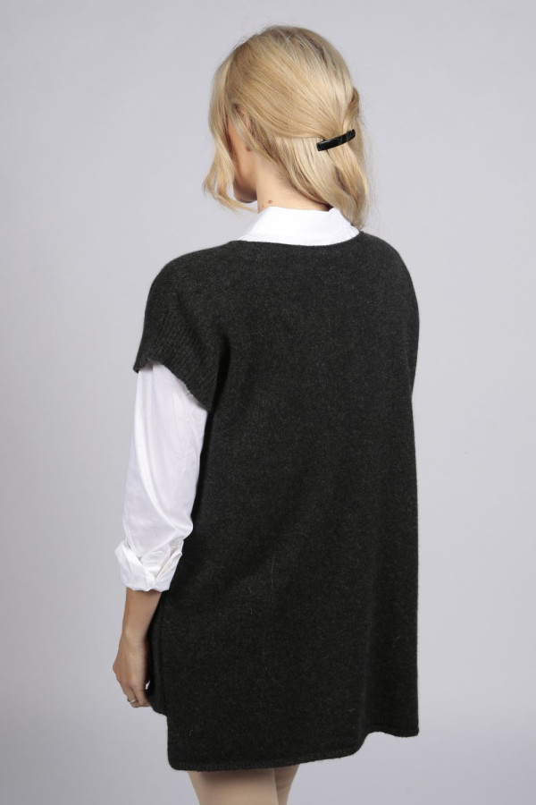 Charcoal grey women's pure cashmere sleeveless sweater back
