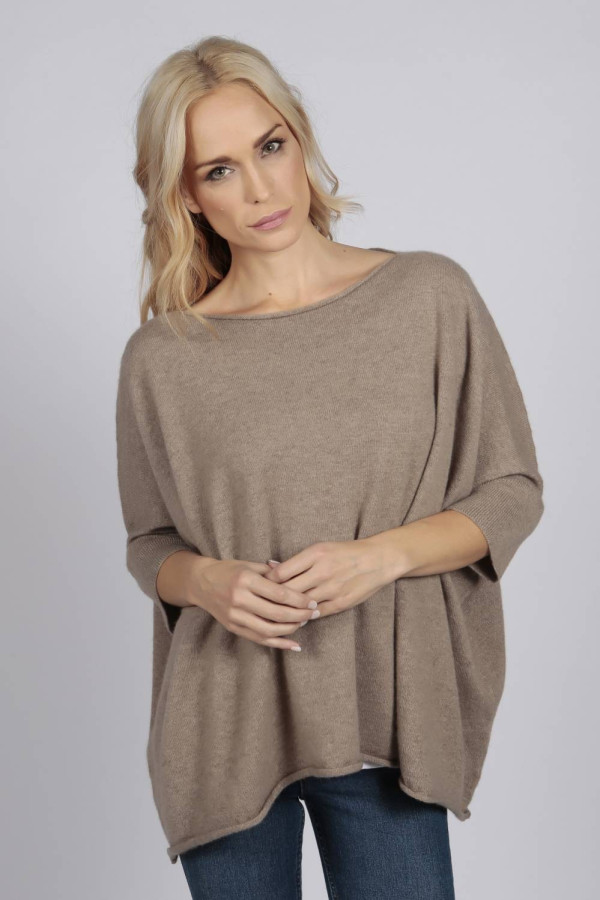 Camel Brown pure cashmere short sleeve oversized batwing sweater front