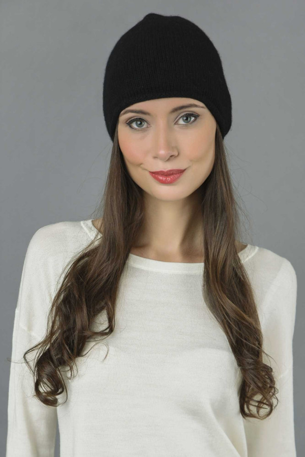 Pure Cashmere Plain Knitted Beanie Hat in Black 2