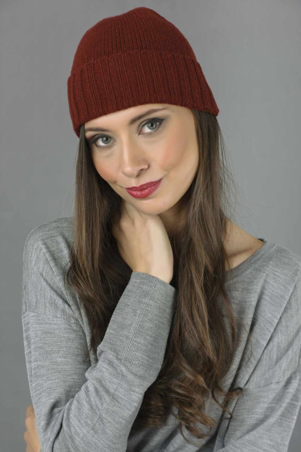 Pure Cashmere Plain and Ribbed Knitted Beanie Hat in Bordeaux 1