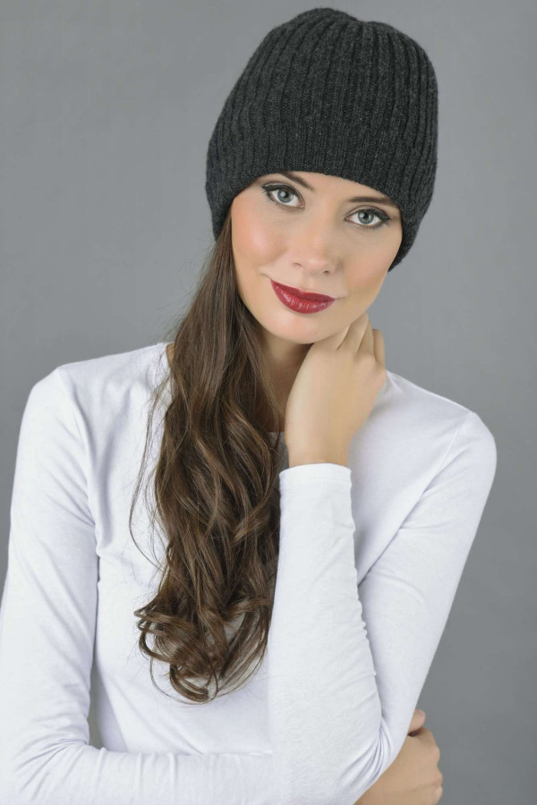 Pure Cashmere Fisherman Ribbed Beanie Hat in Charcoal Grey 1