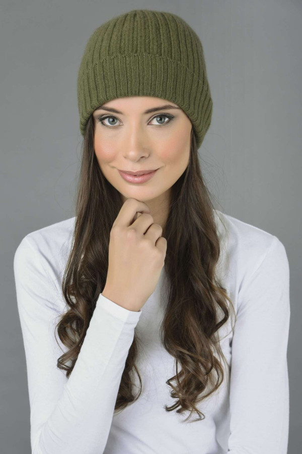 Pure Cashmere Fisherman Ribbed Beanie Hat in Loden Green 1
