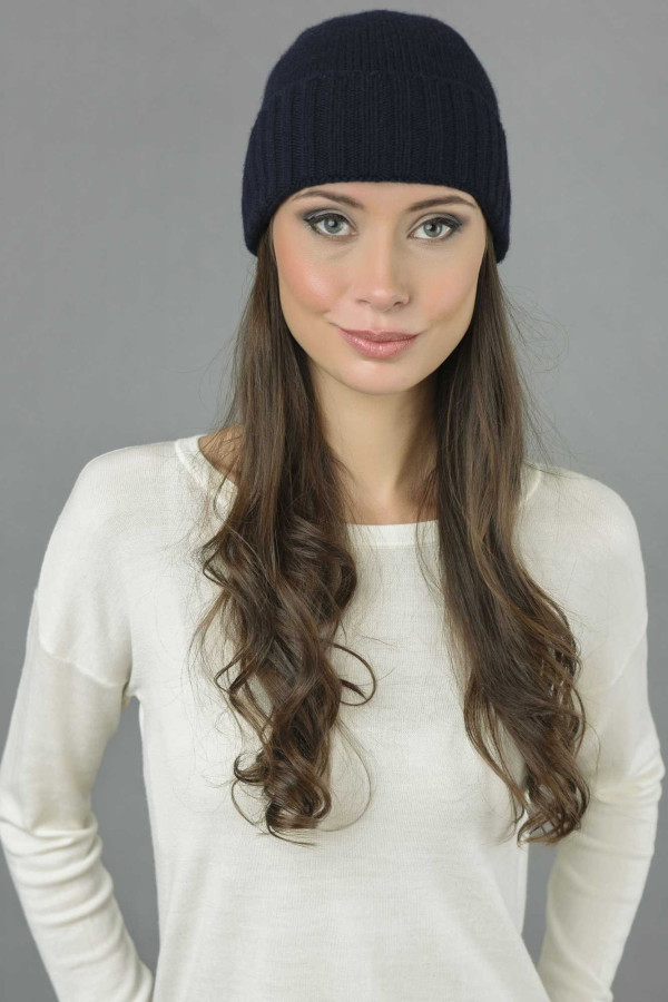 Pure Cashmere Plain and Ribbed Knitted Beanie Hat in Navy Blue 1