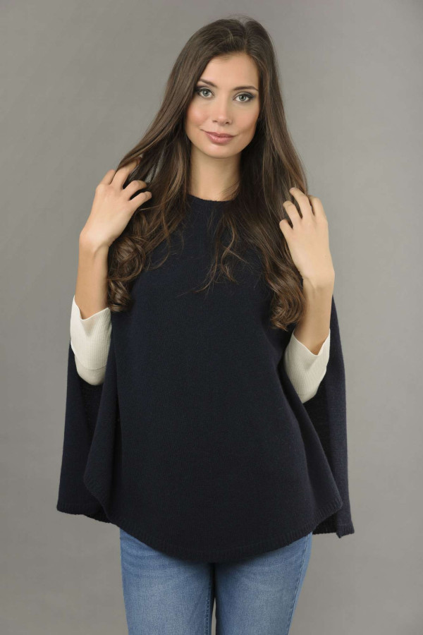 Pure Cashmere Plain Knitted Poncho Cape in Navy Blue 1
