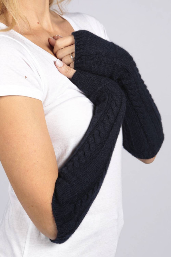 Navy Blue pure cashmere cable knit wrist warmers gloves 1