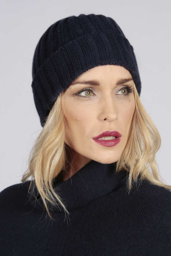 Navy blue pure cashmere wide ribbed fisherman beanie hat