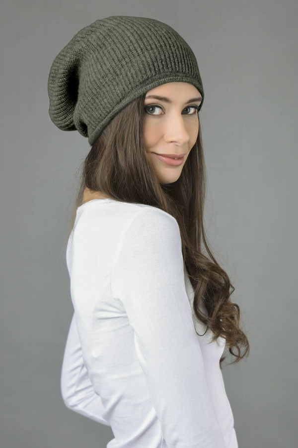 Pure cashmere ribbed slouchy beanie hat plain knit 1
