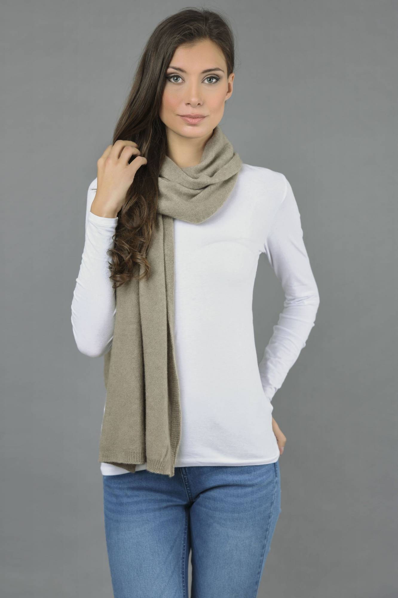 Pure Cashmere Scarf Plain Knitted Stole Wrap in Camel Brown