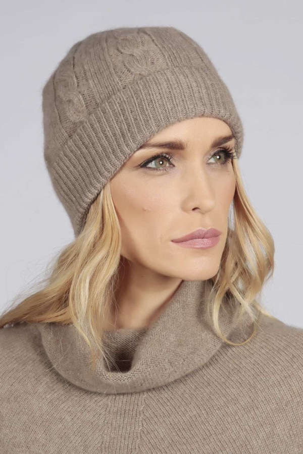 Camel brown beige cashmere beanie hat cable and rib knit 1