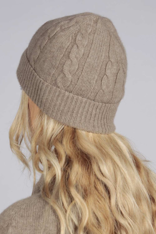 Camel brown beige cashmere beanie hat cable and rib knit 3