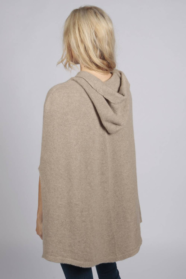 Camel brown beige pure cashmere hooded poncho cape back 2
