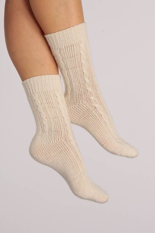 Pure Cashmere Bed Socks in Cream White Cable Knit