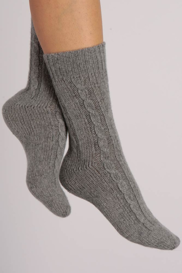 Pure Cashmere Bed Socks in Light Grey Cable Knit