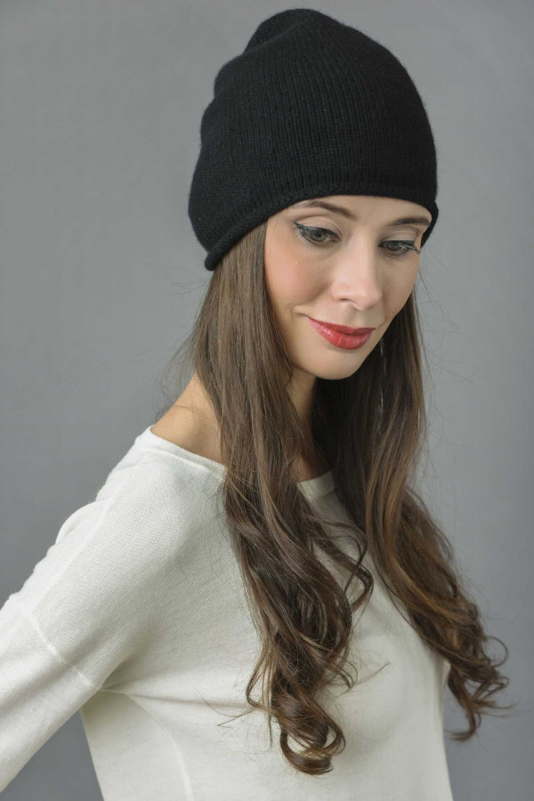 Pure Cashmere Plain Knitted Beanie Hat in Black 3
