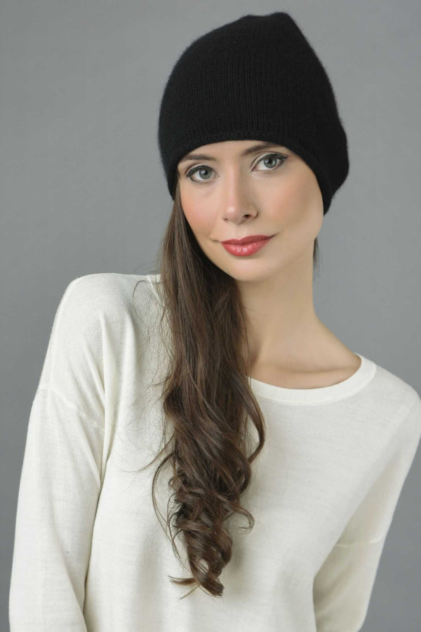 Pure Cashmere Plain Knitted Slouch Beanie Hat in Black
