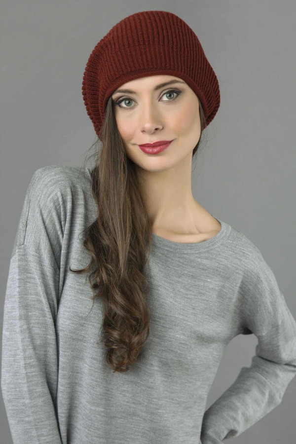 Pure Cashmere Ribbed Knitted Slouchy Beanie Hat in Bordeaux 3