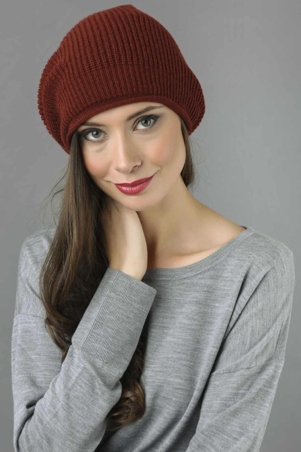 Pure Cashmere Ribbed Knitted Slouchy Beanie Hat in Bordeaux 1