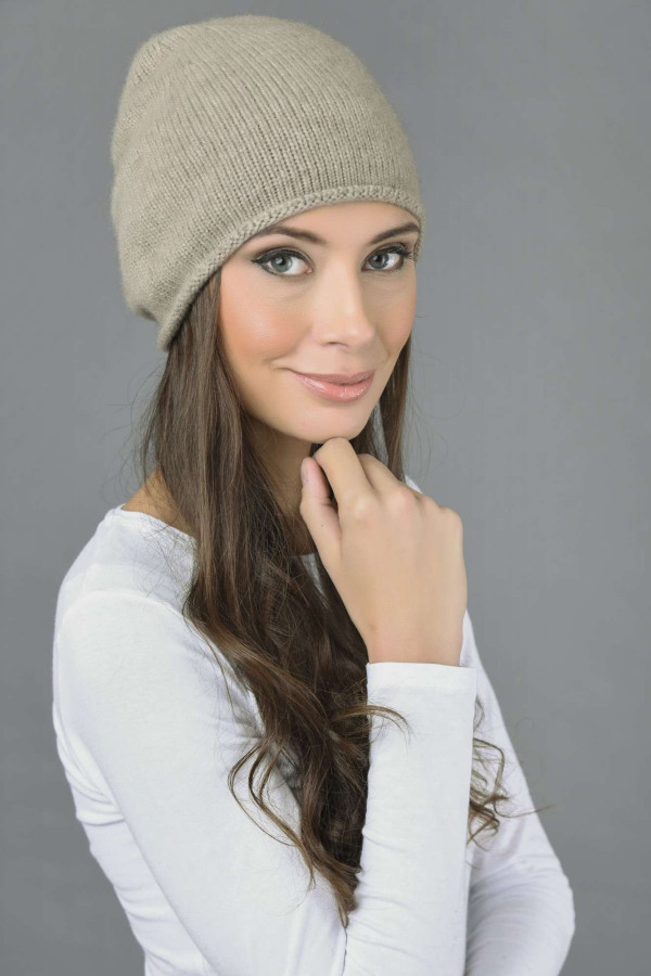 Pure Cashmere Plain Knitted Beanie Hat in Camel  3Brown