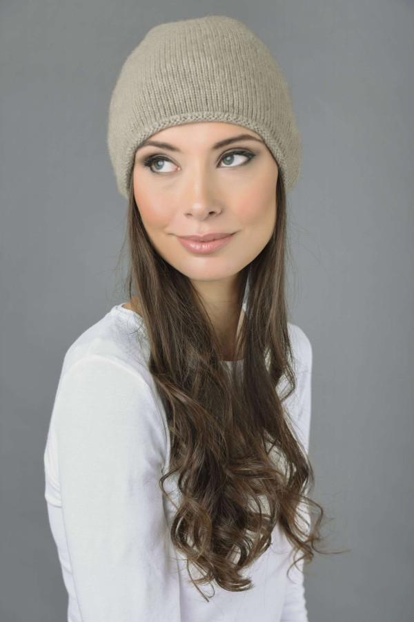 Pure Cashmere Plain Knitted Beanie Hat in Camel Brown 2
