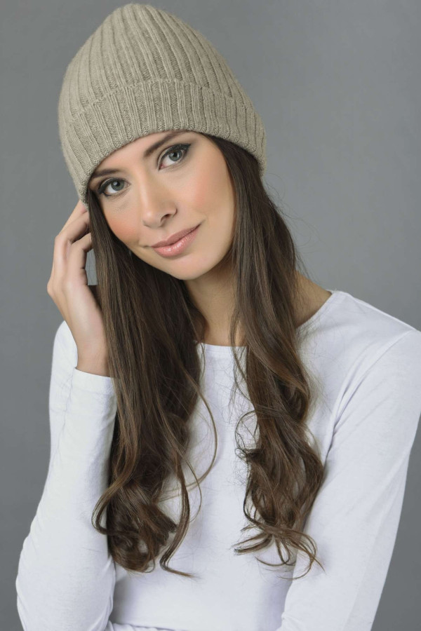 Pure Cashmere Fisherman Ribbed Beanie Hat in Camel Brown 1