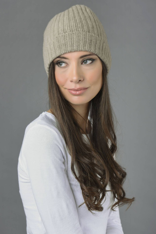 Pure Cashmere Fisherman Ribbed Beanie Hat in Camel Brown 3