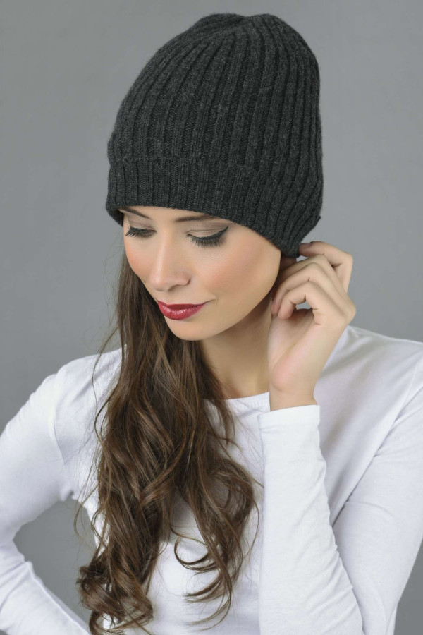 Pure Cashmere Fisherman Ribbed Beanie Hat in Charcoal Grey 3