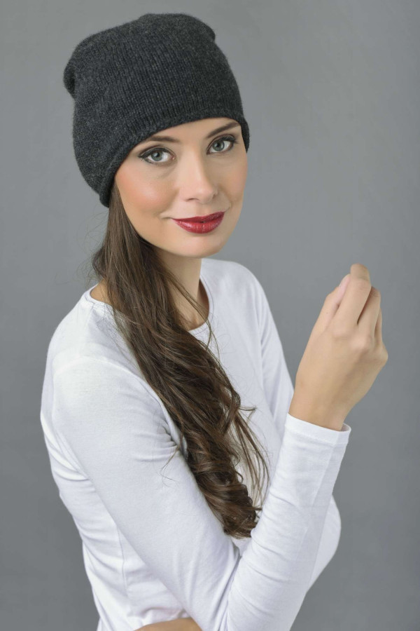 Pure Cashmere Plain Knitted Slouch Beanie Hat in Charcoal Grey 3