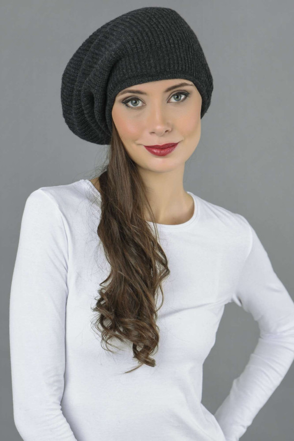 Pure Cashmere Ribbed Knitted Slouch Beanie Hat in Charcoal Grey 1