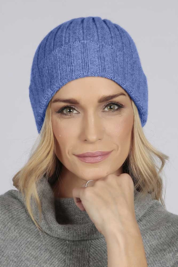 Periwinkle blue pure cashmere wide ribbed fisherman beanie hat 2