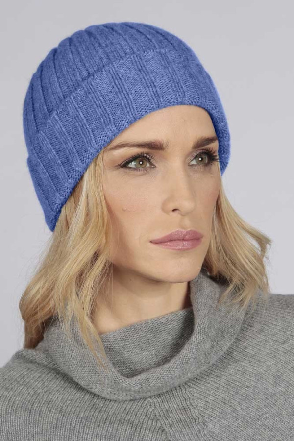 Periwinkle blue pure cashmere wide ribbed fisherman beanie hat 3