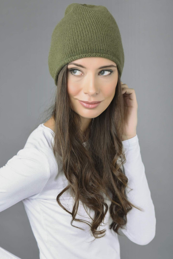 Pure Cashmere Plain Knitted Beanie Hat in Loden Green 3