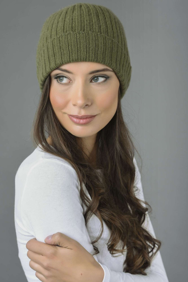 Pure Cashmere Fisherman Ribbed Beanie Hat in Loden Green 3