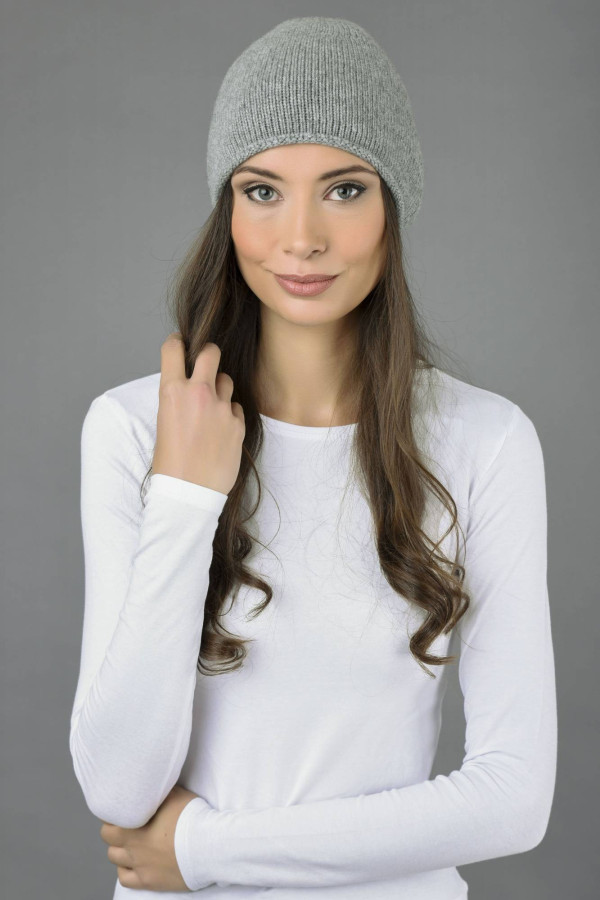 Pure Cashmere Plain Knitted Beanie Hat in Light Grey 3