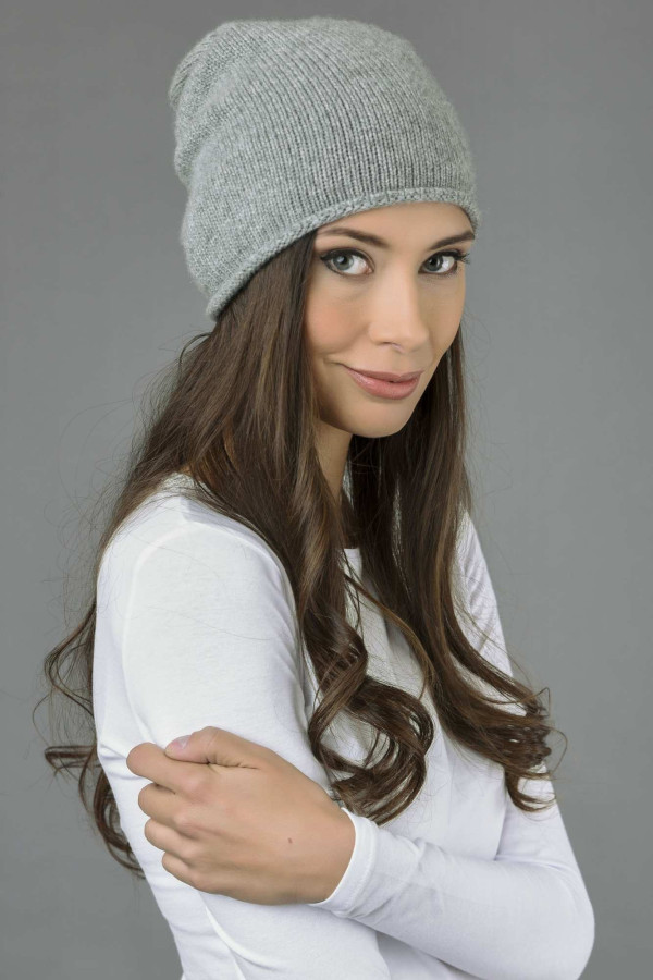 Pure Cashmere Plain Knitted Slouchy Beanie Hat in Light Grey 2