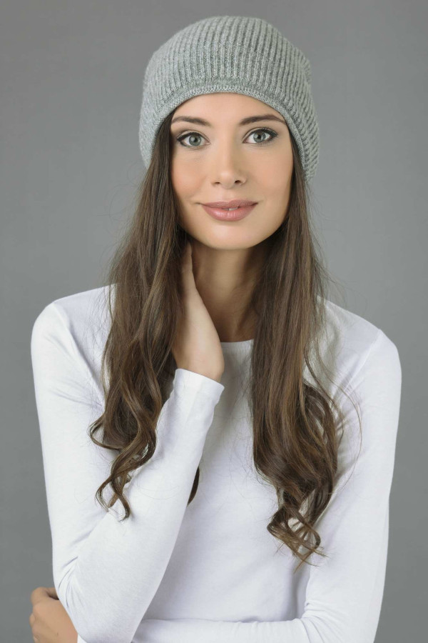 Pure Cashmere Ribbed Knitted Slouchy Beanie Hat in Light Grey 1