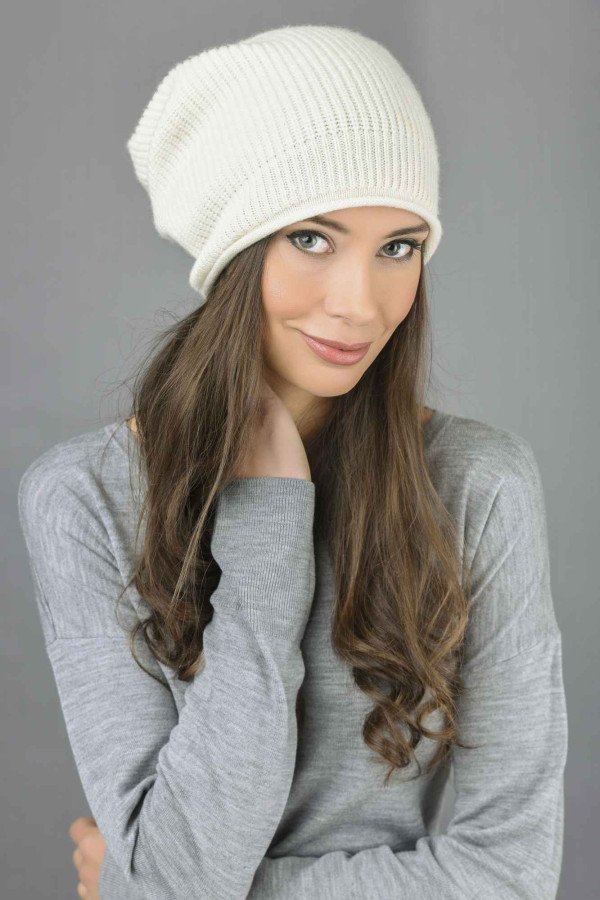 Pure Cashmere Ribbed Knitted Slouchy Beanie Hat in Cream White 3
