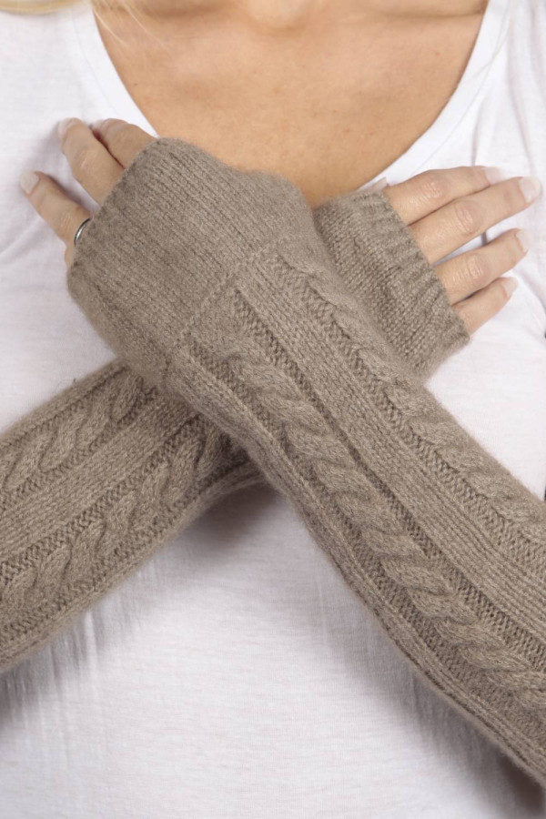 Camel Brown cashmere cable knit wrist warmers gloves 3