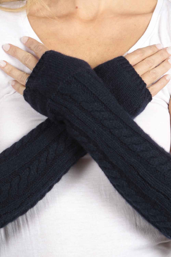 Navy Blue pure cashmere cable knit wrist warmers gloves 3