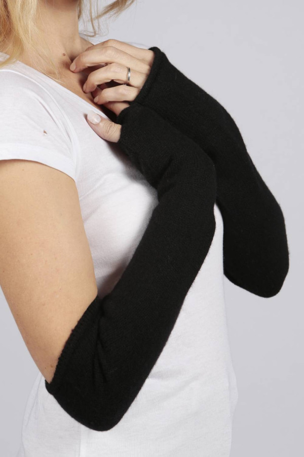 Black pure cashmere fingerless long wrist warmer gloves 2
