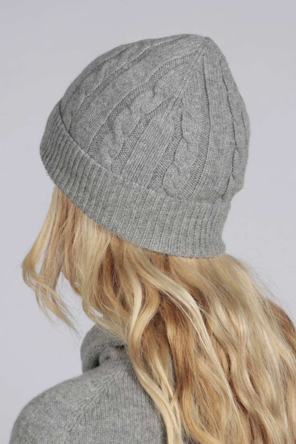 Light grey cashmere beanie hat cable and rib knit back