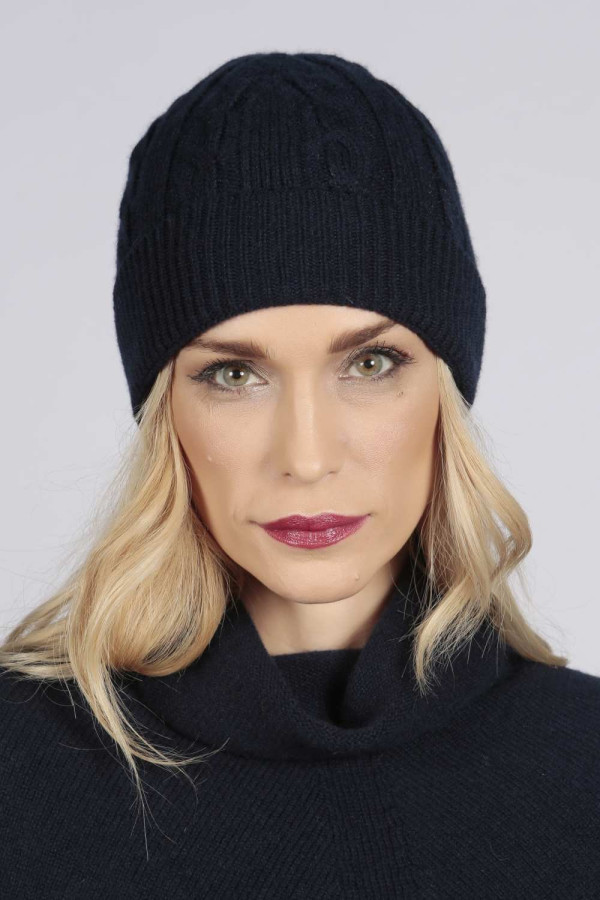 Navy blue cashmere beanie hat cable and rib knit 2