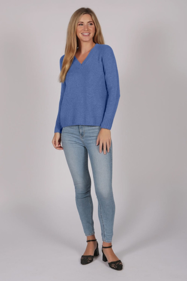 Periwinkle Blue V-Neck Cashmere Sweater full body