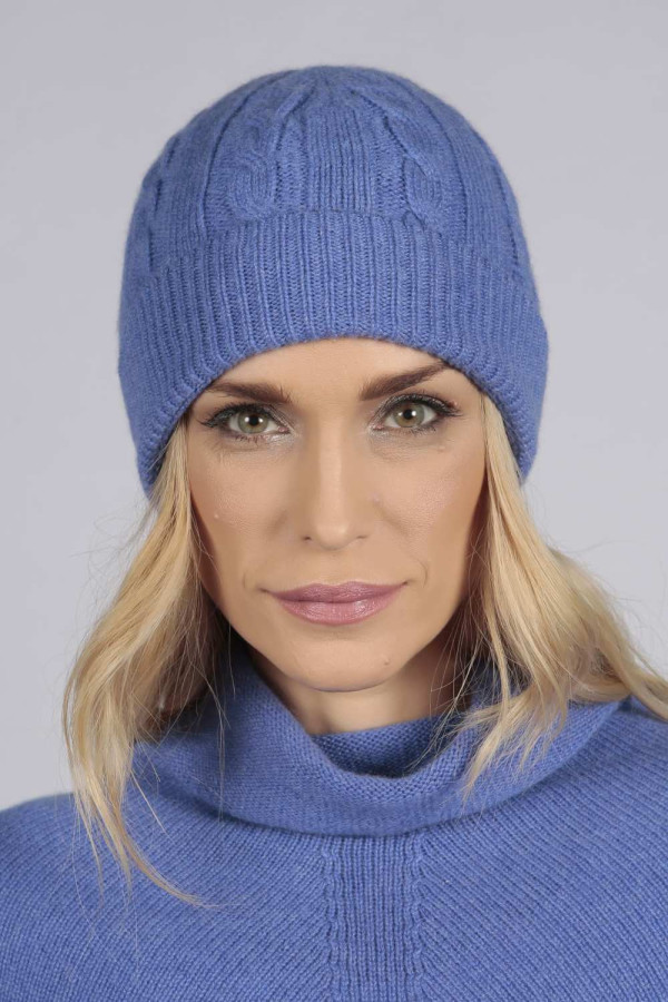 Periwikle blue cashmere beanie hat cable and rib knit front